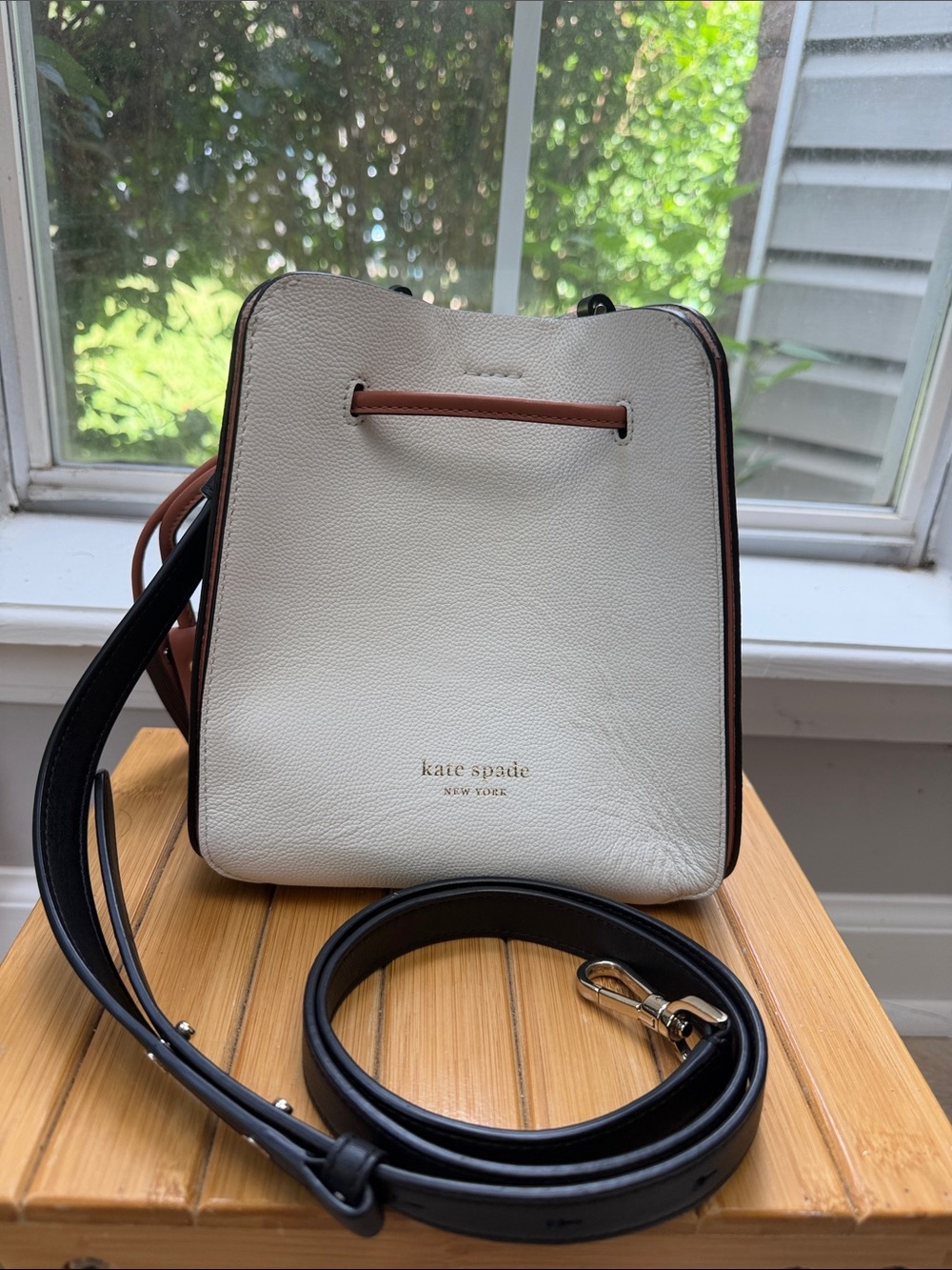 kate spade White Leather Bucket Crossbody with Tan Trim and Black Strap